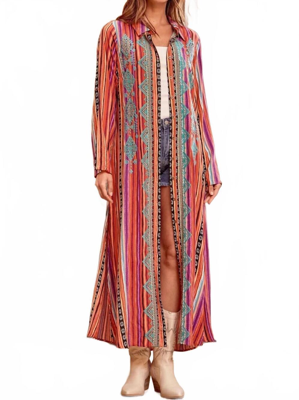 NEW ANDREE BY UNIT embroidered striped duster midi dress in rust multi